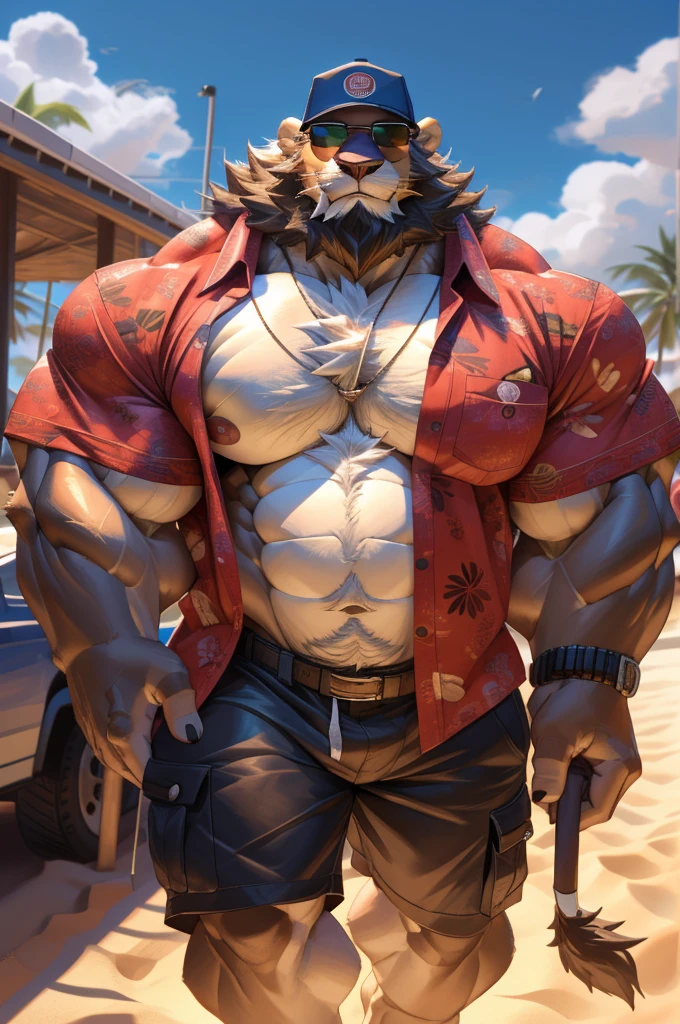 1boy, 1man, solo, a (furry lion) walking, (face, detailed face, bearded, white beard, thick mustache), (sunglasses), baseball hat, beach, extremely huge muscular, massive muscular , sixpack , (Hawaiian shirts, cargo shorts), well-muscled old man. ((extremely muscle size, super thick arms, huge pec, hyper pec, bigger chest, extremely wide pectoral , huge arms)), wide smiling. Add textures and details to make the image more realistic, such as the appearance of the. Make sure the resulting image is high resolution, 8K quality