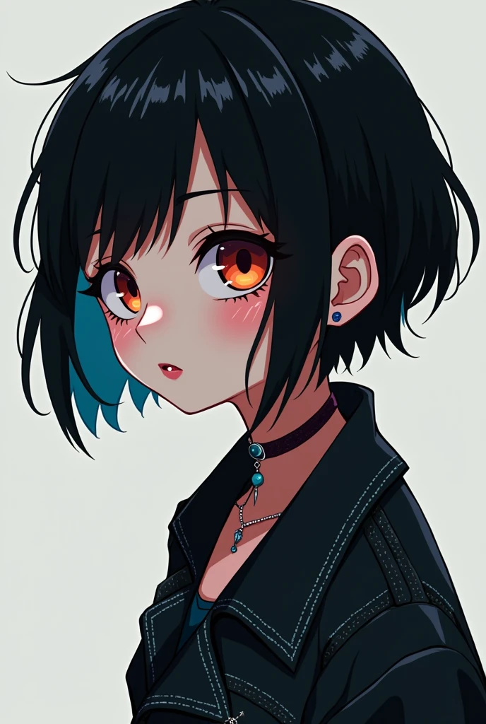 Emo anime girl,  and has very short black hair with neon hair stripe 