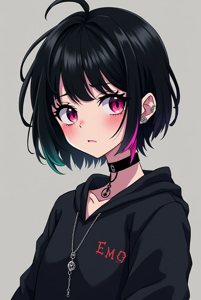 Emo anime girl,  and has very short black hair with neon hair stripe 