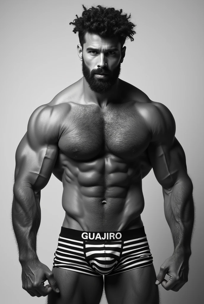 Strong, hairy mixed race man flexing his muscles, in black and white striped printed underwear, written in capital letters “GUAJIRO” in the elastic of the cueca.