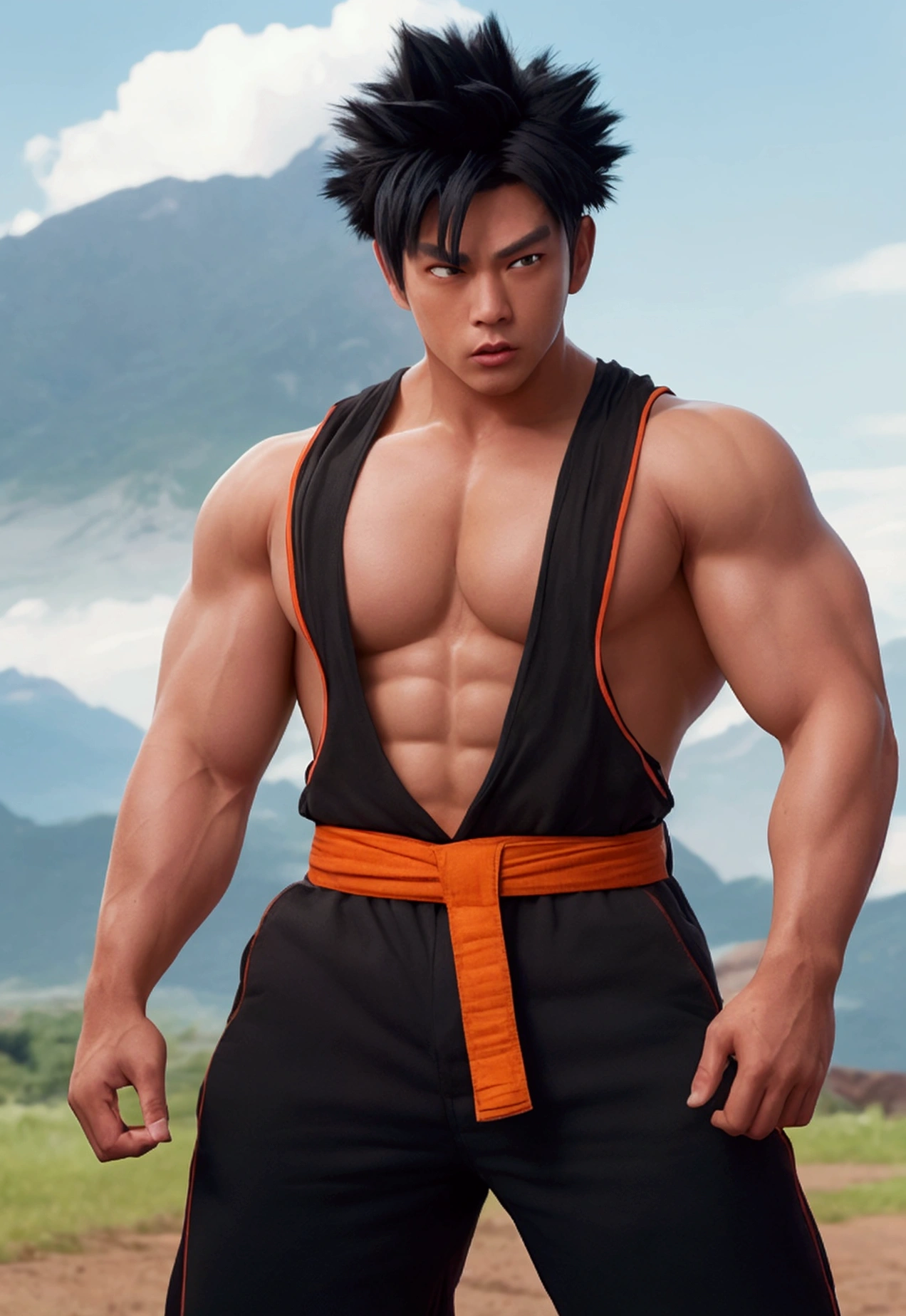 A hyper-realistic human version of Goku from Dragon Ball Z, depicted as a muscular man in his 30s with spiky black hair combed upward, similar to his iconic Super Saiyan look, but in a natural black color. His facial features are sharp with a strong jaw, expressive dark eyes, and a slight smile that exudes confidence and kindness. He is dressed in an orange martial arts gi with a blue undershirt and belt, showing signs of wear from intense training. His physique is well defined, highlighting his strength and agility. Goku is standing in a natural outdoor environment, such as a grass field with mountains in the background, reminiscent of the countryside. The image is captured in the style of an 80s photograph, with a slightly faded and warm-toned color palette, giving it a nostalgic feel.