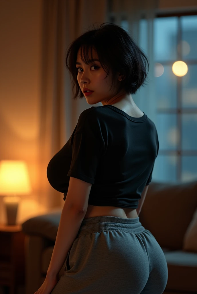 ((living room)),night（Best Quality,8K,Raw photo,Realistic,High resolution:1.2),(erotic curvy japanese milf）(gigantic huge breasts),(),oily skin,(oversized t-shirt),grey sweat pants,look horny,),((embarrassed erotically)),(((be shy erotically))),upper body ,(tight fit),,(((moans sexy)),smile,short hair,(taken from behind),looking back ,(back close-up),ass
