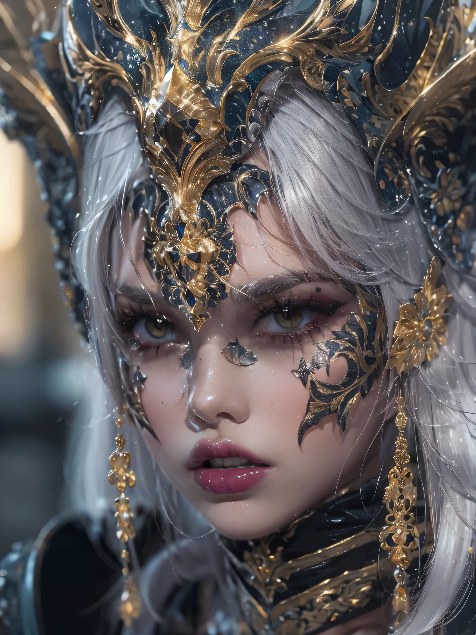 masterpiece, Raw photo，photorealism，High resolution，highest quality，High resolution, perfect composition, perfect face, perfect body, 16k，cinematic lighting，
Fantasy warrior queen, silver hair，hip，latex，black，attractive，Castle Background、costume showing collarbone、close up of face、gold and black metal, badass, sexy, teasing the viewer, venetian face mask