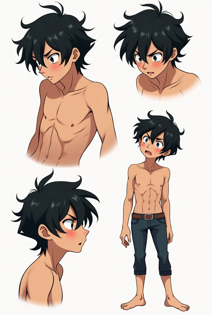 Generate the design of an anime male character with wavy black hair and beaten teenager full body barefoot in different poses 