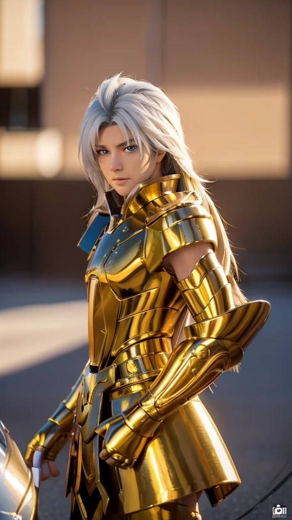 (((1man)))  a hyper realistic ultra detailed photograph of a handsome  photorealistic Gemini at agreek ruins background full pose, tattered Gemini gold half shiny metal armor, long white hair, blue eyes, dynamic pose, detailed symmetric beautiful hazel eyes, detailed gorgeous face, 30-megapixel, 4k, Canon EOS 5D Mark IV DSLR, 85mm lens, sharp focus, intricately detailed, long exposure time, f/8, ISO 100, shutter speed 1/125, diffuse back lighting, award winning photograph, facing camera, looking into camera, monovisions, perfect contrast, High sharpness, facial symmetry, depth of field, ultra-detailed photography, raytraced, global illumination, TanvirTamim, smooth, ultra high definition, 8k, unreal engine 5, ultra sharp focus, award-winning photograph, trending on artstation, realistick 8k