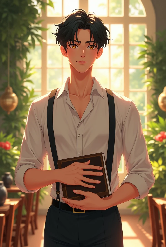 A tall man with a fit, build with strong uper torso and fit lower body and fair skin that has a subtle, pinkish glow stands confidently. His clean-shaven with no mustache, beard on the face is defined by a sharp jawline, and his calm, honey-brown eyes exude a sense of lightness and innocence. His black hair, styled in a princely cut, features bangs that gracefully drape across his forehead.
He is dressed in a gentleman attire, with a loose-fitting shirt and suspenders, adding a touch of elegance to his appearance. In his hands, he holds several books. The setting around him is a beautiful, lush garden where sunlight streams through large windows casting a warm glow over the rows of elegant flowers and rich wooden chairs for tea.