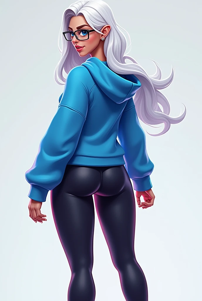 fortnite style girl, long white hair, Broad Hips, blue colored eyes, usando allstar shoes, glasses, sexy blue short sweatshirt black leggings rear full body
