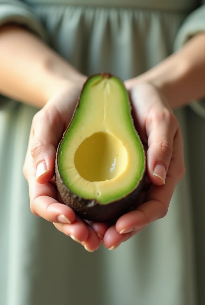 An avocado cut in two and held with han