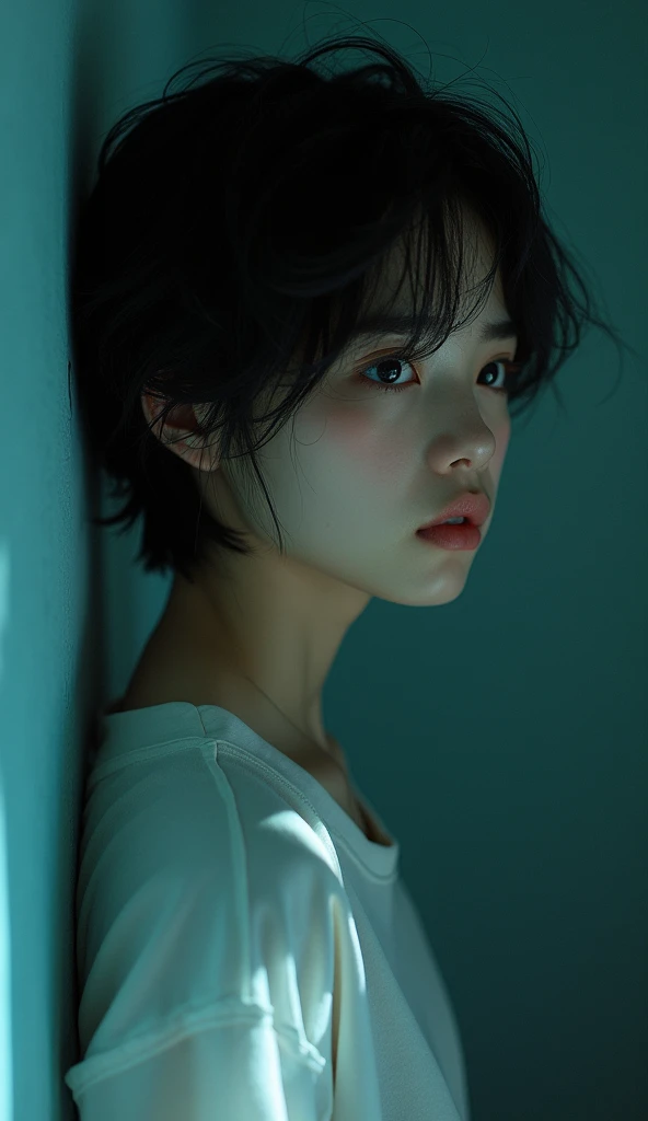 Messy black hair、Girl in white, A sad expression,soft light from the side, Soft portrait shots 8 k, Side-centered portrait, short hair, Light shines on the face, Cute and delicate face, Profile portrait,Cyan filter,Award-winning works,Shot with Sony camera,Portrait mode,Skin texture