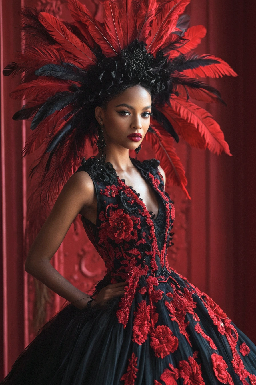 UHD Ultra precise 8K digital copy of arafed woman in a black and red dress with a red feather headpiece, ornate dark red opulent clothing, haute couture fashion shoot, ebony rococo, black and red dress, dress made of feathers, wearing an ornate outfit, black and red colors, baroque hibiscus queen, red and black details, black and red, in red and black, red and black colors
