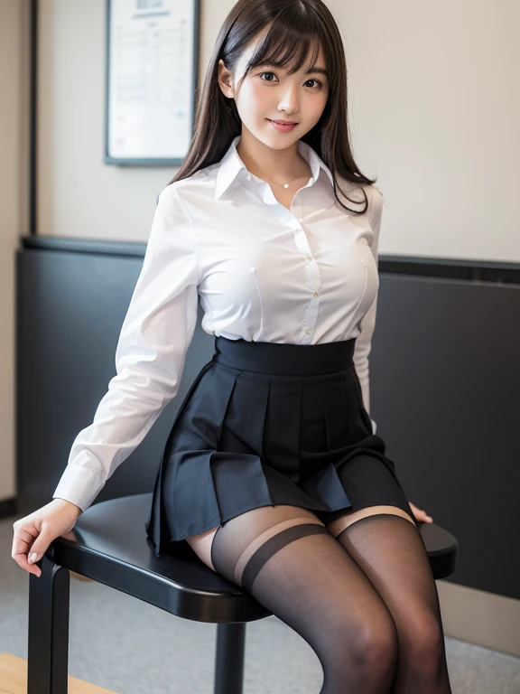 Pure young Japanese school girl, natural body, beautiful legs, wearing uniforms, (pantyhose), high heels, natural makeup, natural black hair styles, sweet smile, sitting, spread wide legs, lift up skirt, professional portrait photography, sunlight, 