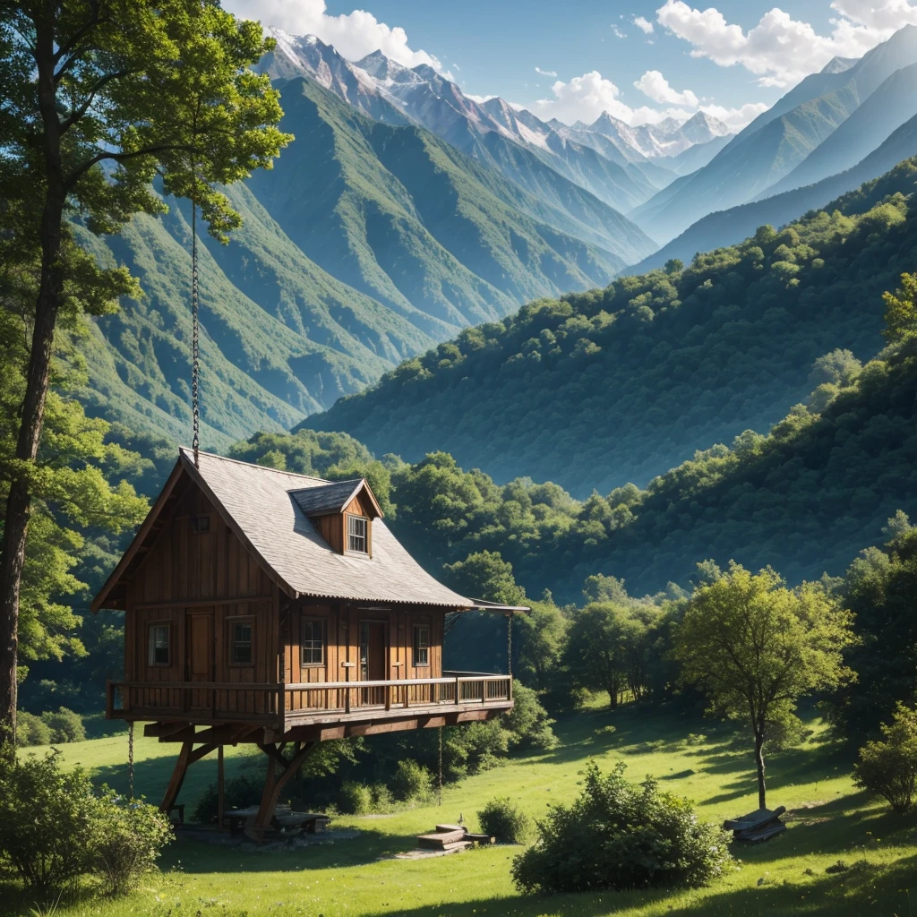 , an abandon beautiful wooden house, lush green meadows, mountains, swing in trees. Far white mountains.