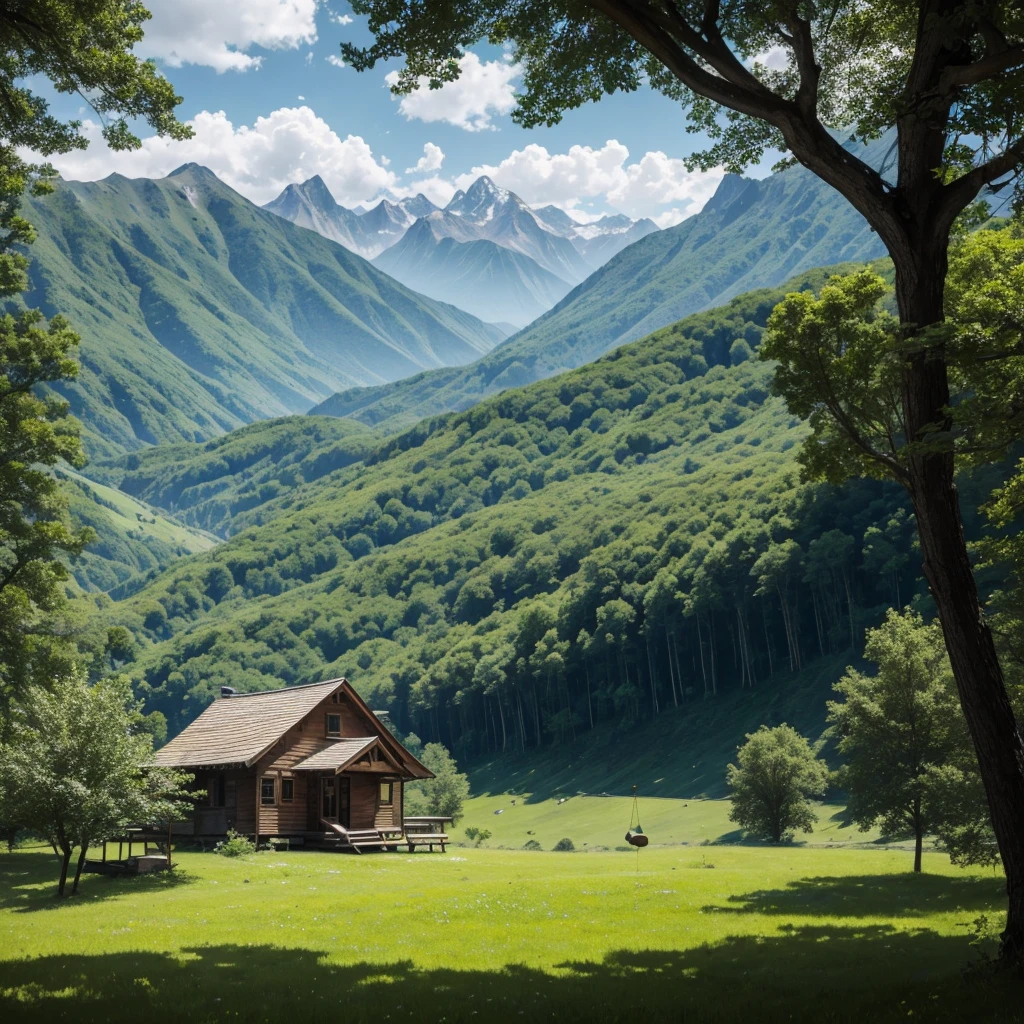 , an abandon beautiful wooden house, lush green meadows, mountains, swing in trees. Far white mountains.