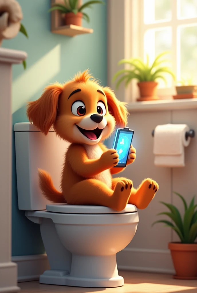 A happy puppy sitting on a toilet, holding a glowing smartphone with both paws, watching a video, and laughing joyfully. The bathroom is bright and modern, with details like a toilet paper roll, a towel hanging nearby, and a small plant in the corner. The atmosphere is fun, light-hearted, and full of positive energy, pixar, disney.