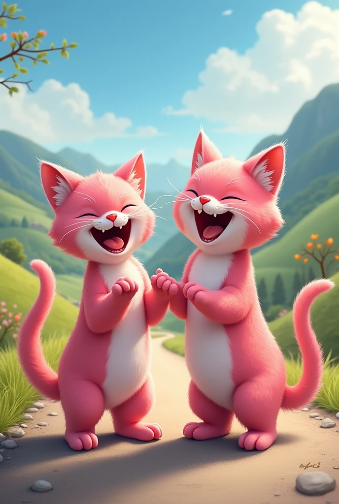 Two pink cats laughing and standing on the road behind 