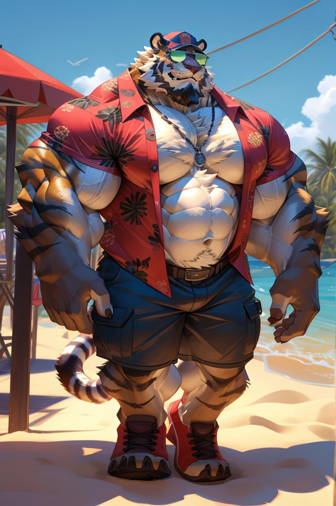 1boy, 1man, solo, a (furry tiger) walking, (face, detailed face, bearded, white beard, thick mustache), (sunglasses), baseball hat, beach, extremely huge muscular, massive muscular , sixpack , (Hawaiian shirts, cargo shorts), well-muscled old man. ((extremely muscle size, super thick arms, huge pec, hyper pec, bigger chest, extremely wide pectoral , huge arms)), wide smiling. Add textures and details to make the image more realistic, such as the appearance of the. Make sure the resulting image is high resolution, 8K quality