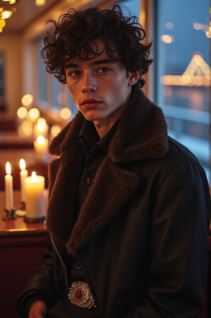Best Quality)), ((masterpiece)), (detailed), Realistic photo of perfect face of beautiful boy with dark brown curly hair, Russian influencer, light freckles, dark brown eyes, big lips, without makeup, Instagram,   a touch of drama. A faux fur stole and statement belt complete the chic look.. Environment: El crucero elegantemente iluminado con Suaves velas y luces de hadas. The winter night sky and city lights provide a romantic backdrop as guests enjoy a gourmet dinner and dance under the stars.. realistic image. dynamic composition, motion, ultra detailed, incredibly detailed, many details, amazing fine details and brush strokes, Suave.
