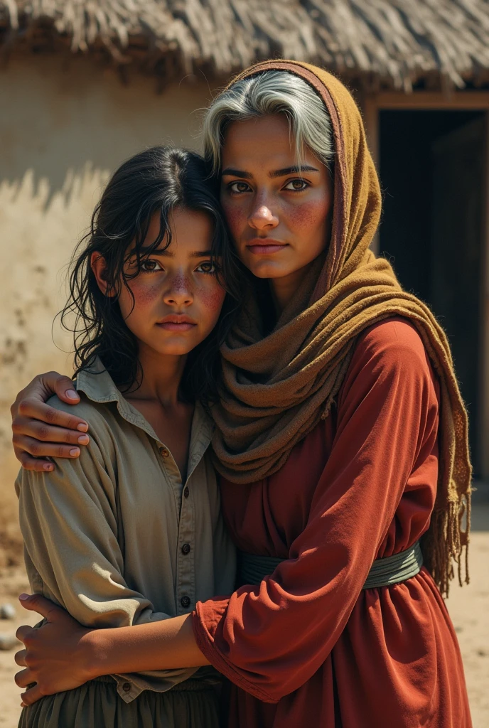 A poor  girl and her mother (with just a little bit of wrinkle please)  (wearing scarfs) , in front of their village home 