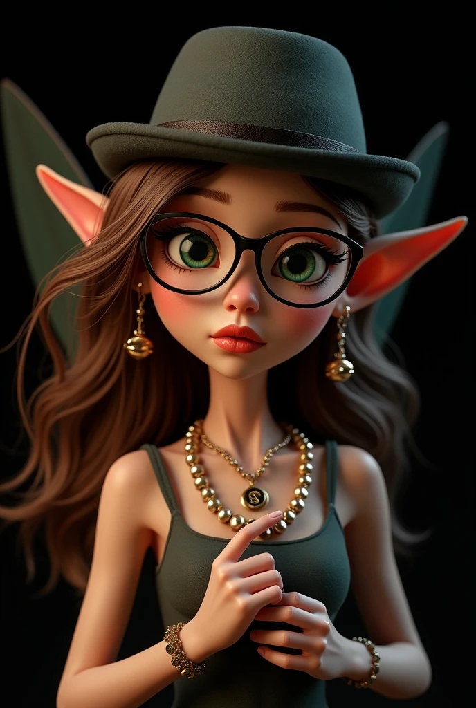 Fairy with brown hair , Lips , small ear , with watch in hand , de Lips carnosos , with hat , with Chinese eyes , with lens, with a necklace bearing the initial S , earrings , Pixar style on black background serious look