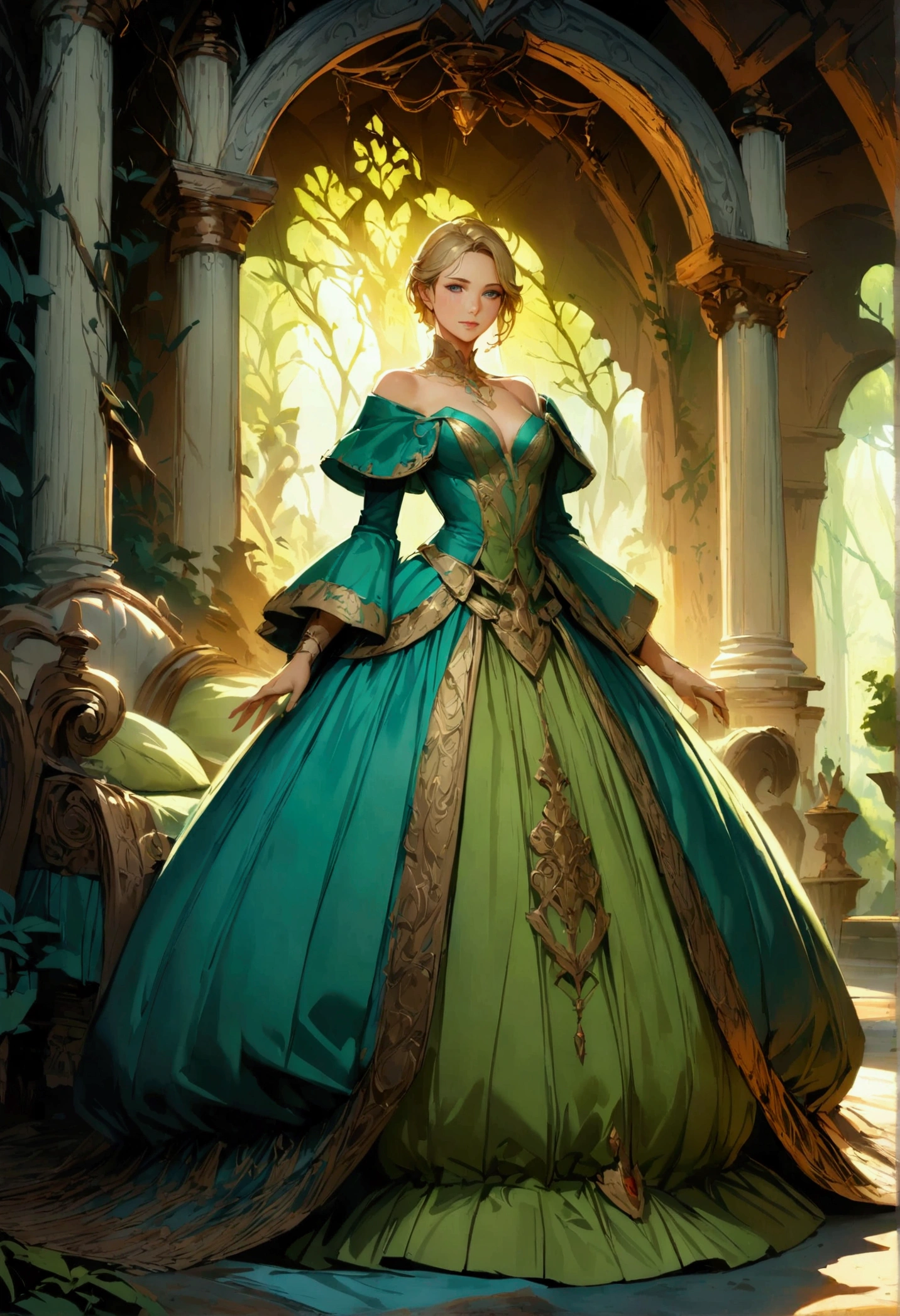 a magical forest clearing, an ornate antique bed, a glowing beautiful witch and a handsome prince, detailed facial features, highly detailed, intricate, elegant, dramatic lighting, vivid colors, fantasy, digital painting, concept art, cinematic, 8k, best quality, masterpiece