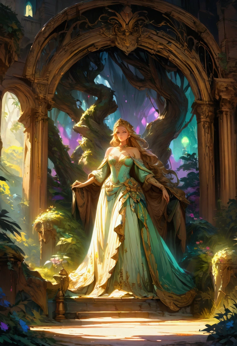 a magical forest clearing, an ornate antique bed, a glowing beautiful witch and a handsome prince, detailed facial features, highly detailed, intricate, elegant, dramatic lighting, vivid colors, fantasy, digital painting, concept art, cinematic, 8k, best quality, masterpiece