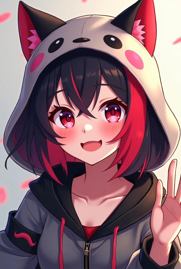 Gamer girl with medium red and black hair, that has a hat in the shape of a cat animation. Let your face look straight ahead and smile