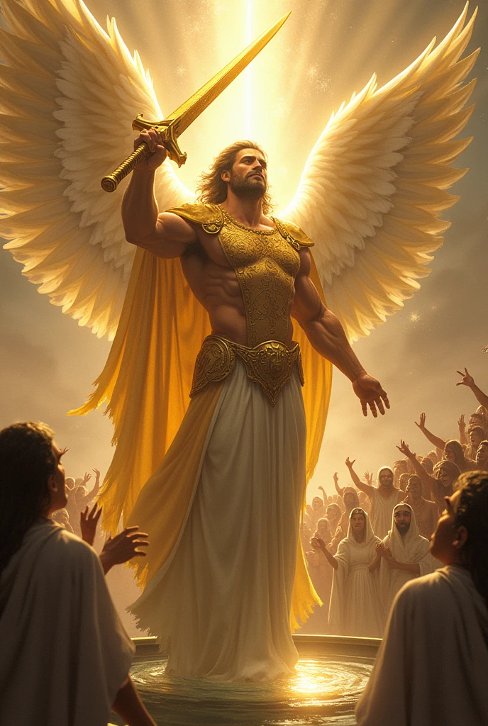 Giant male angel in golden robes and a giant golden raised sword in his hand raises the sword above his head ,The angel is standing next to a stone basin of water ,On the right side of the angel there is a multitude of people, men and women smiling, dressed in white, and on the left side there are demons who cannot pass through the angel in fear. 