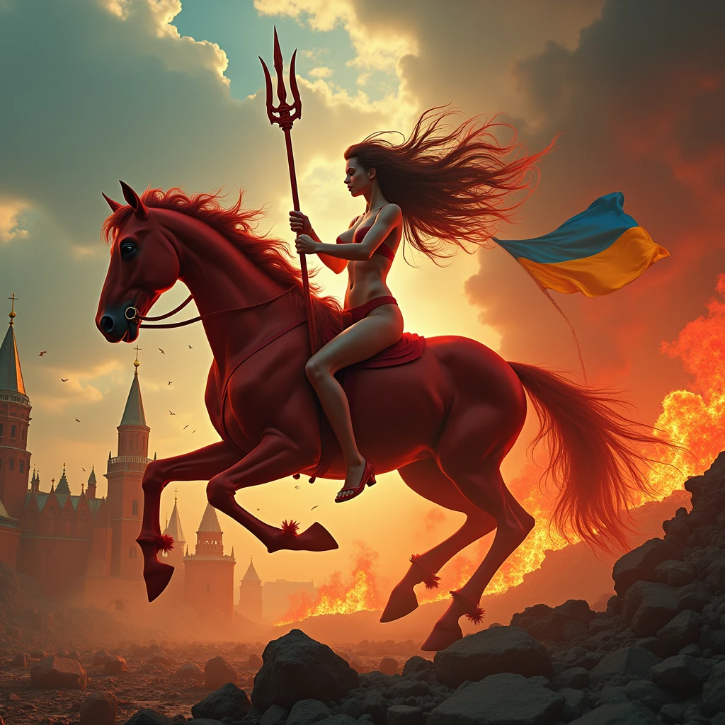 Apocalypse, On a red horse, in a cheerful fire, Jumps, good little death is running on the ground., burning ruins above the Burning Ruins of the Moscow Kremlin and Red Square at the bottom of the picture, and above in the sky is a shining Ukrainian trident and a blue-yellow flag, ((masterpiece, top quality, Highest image quality, a high resolution, photorealistic, RAW photo, 8 K)), ((extremely detailed wallpaper CG unified 8k)), (Huge stunning goddess shot, Very hot and sexy, потрясающая beauty, perfect proportions, beautiful body, slender body, beauty:1.4)