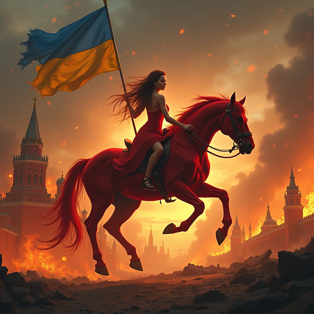 Apocalypse, On a red horse, in a cheerful fire, Jumps, good little death is running on the ground., burning ruins above the Burning Ruins of the Moscow Kremlin and Red Square at the bottom of the picture, and above in the sky is a shining Ukrainian trident and a blue-yellow flag, ((masterpiece, top quality, Highest image quality, a high resolution, photorealistic, RAW photo, 8 K)), ((extremely detailed wallpaper CG unified 8k)), (Huge stunning goddess shot, Very hot and sexy, потрясающая beauty, perfect proportions, beautiful body, slender body, beauty:1.4)