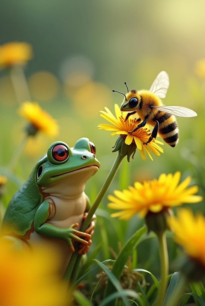 Bee with a frog on a dandelion