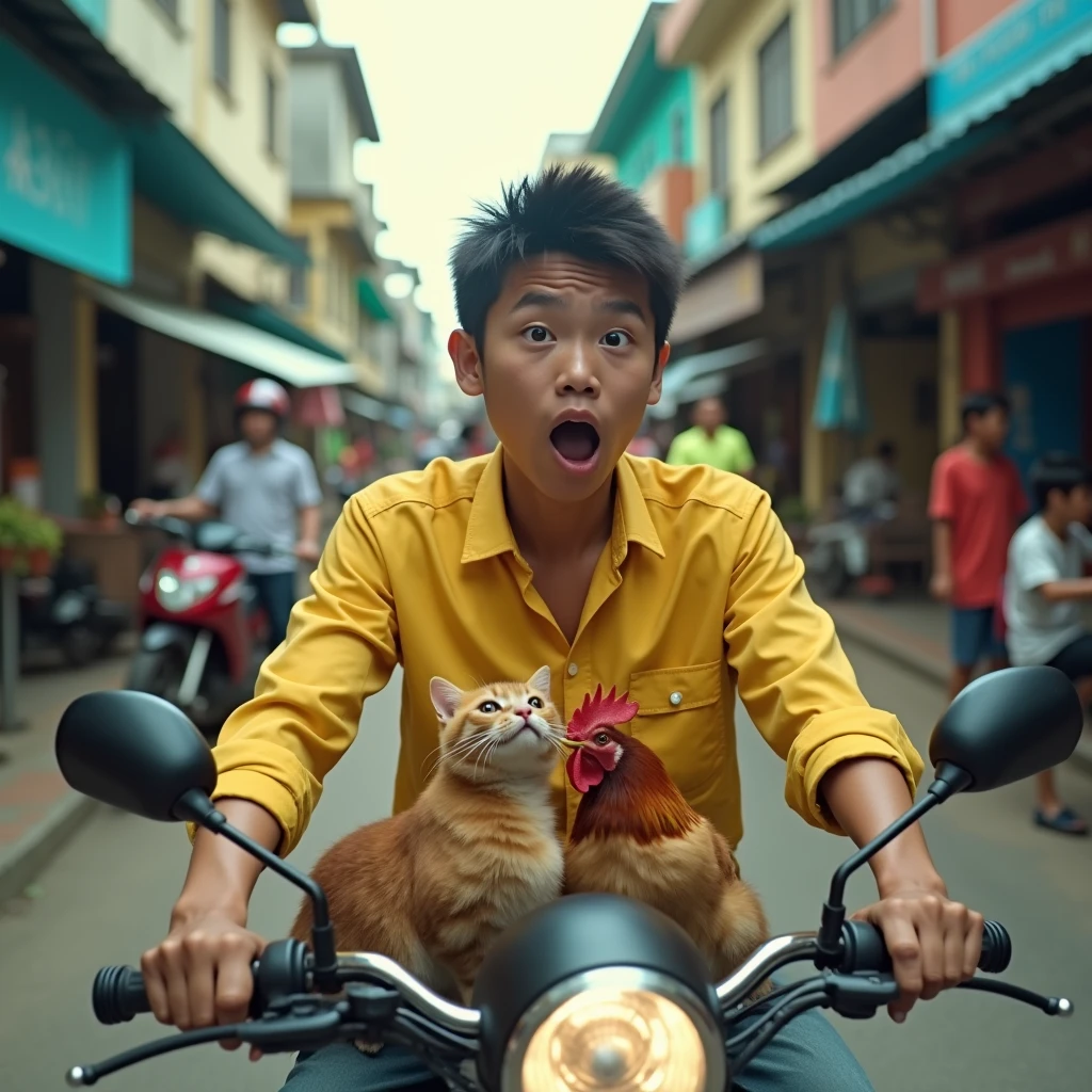 real photo of a young man with an Indonesian face wearing a yellow shirt riding a motorcycle on the road with a shocked expression. in front of him there is a cat t walking embracing each other and a chicken  . busy street atmosphere of indonesia. Ultra-realistic 8K photograph, shot with a Leica Q2, strong color contrast and sharp clarity --ar 9:16 --quality 2 --