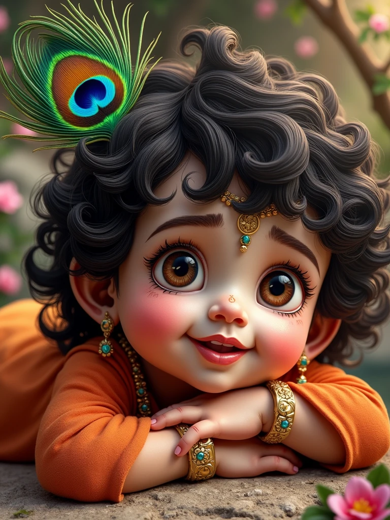 Generate images of cute Krishna as a  , feather of peacock tucked to the head