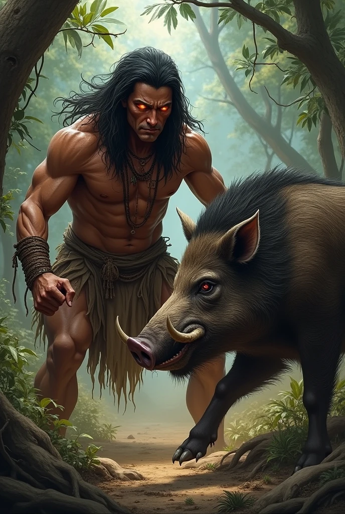 An Indian with fiery eyes with a wild boar
