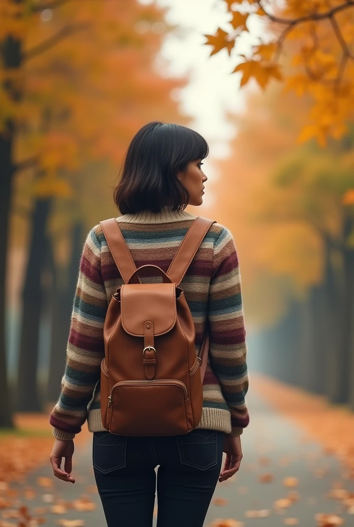 1 Brazilian woman, 150 cm tall, 77 cm bust, light to medium skin, medium brown eyes, medium brown hair, silky smooth, short with bangs, from the side to the base of the neck and back to the shoulder line, triangular face with medium facial features, walks calmly along a tree-lined avenue on a blue morning in early autumn, She is wearing a long-sleeved striped wool blouse of various colors and black jeans and she is carrying a backpack on her back.