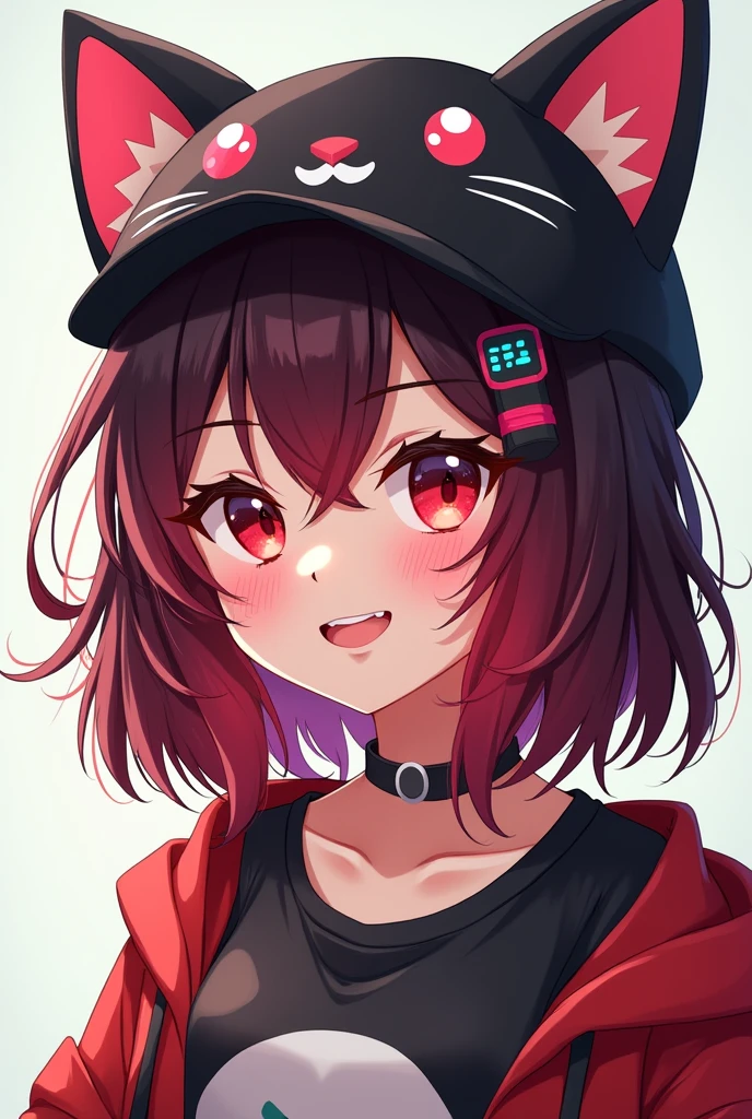 Gamer girl with medium red and black hair, that has a hat in the shape of a cat animation. Let your face look straight ahead and smile