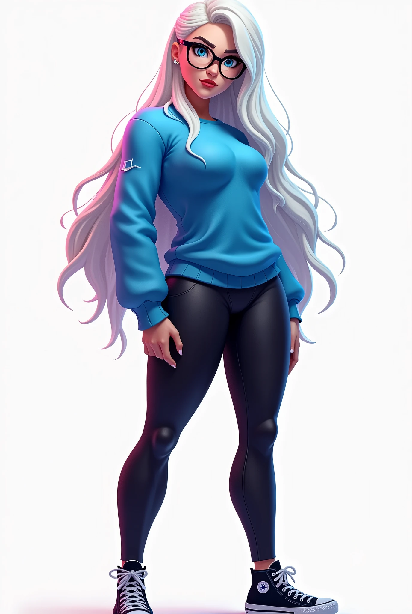 fortnite style girl, long white hair, Broad Hips, blue colored eyes, usando allstar shoes, glasses, sexy blue short sweatshirt black leggings rear full body