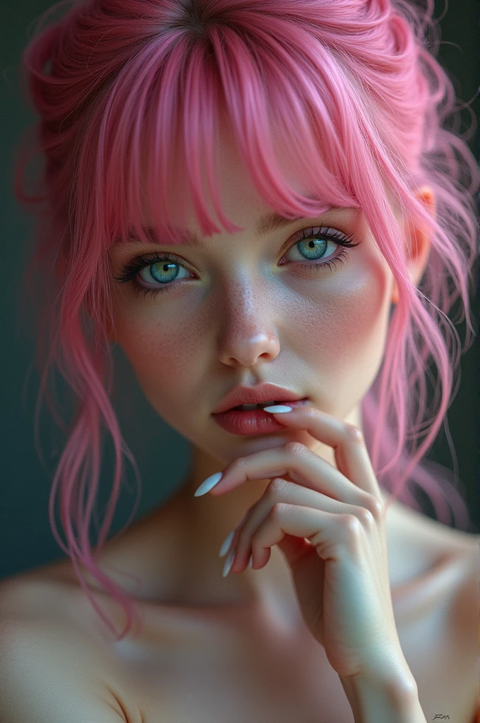 young woman, pink hair, blue eyes, naked, biting her lips