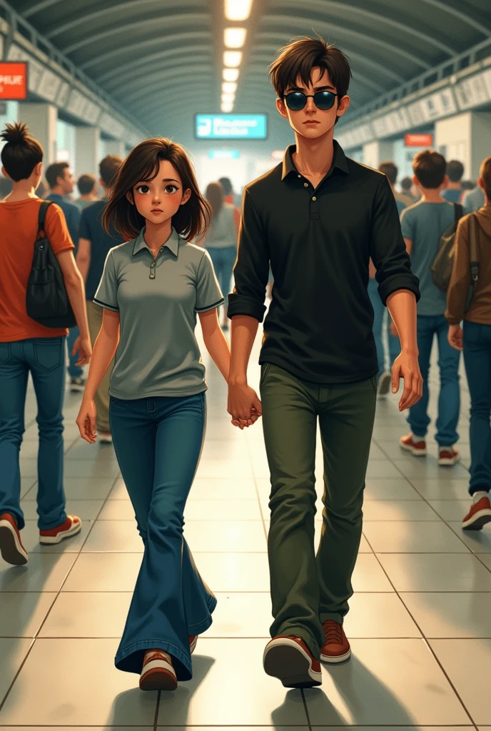 Create an illustration image with a girl and a boy walking in a metro station the girl is short chubby she is wearing a grey polo t shirt with collar and a blue bellbottom jeans, the boy is fit near slim he is wearing a dark olive pant and an black shirt left out with sleeves rolled and black shades