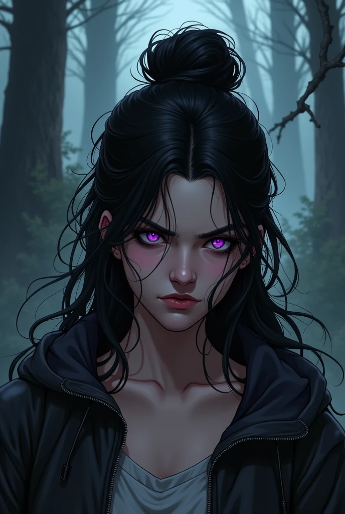 Serious 20 year old college woman with dark expression and sexy frown she has long and very dark hair, with a few purple lighting points. Eyes in a dark brown shade, she usually has a loose bun, wear clothes in neutral colors (usually makes a play with black and gray and white details, It has a kind of dark academia style, no back ground, being chased around a camp by a black spirit, dc comics art style