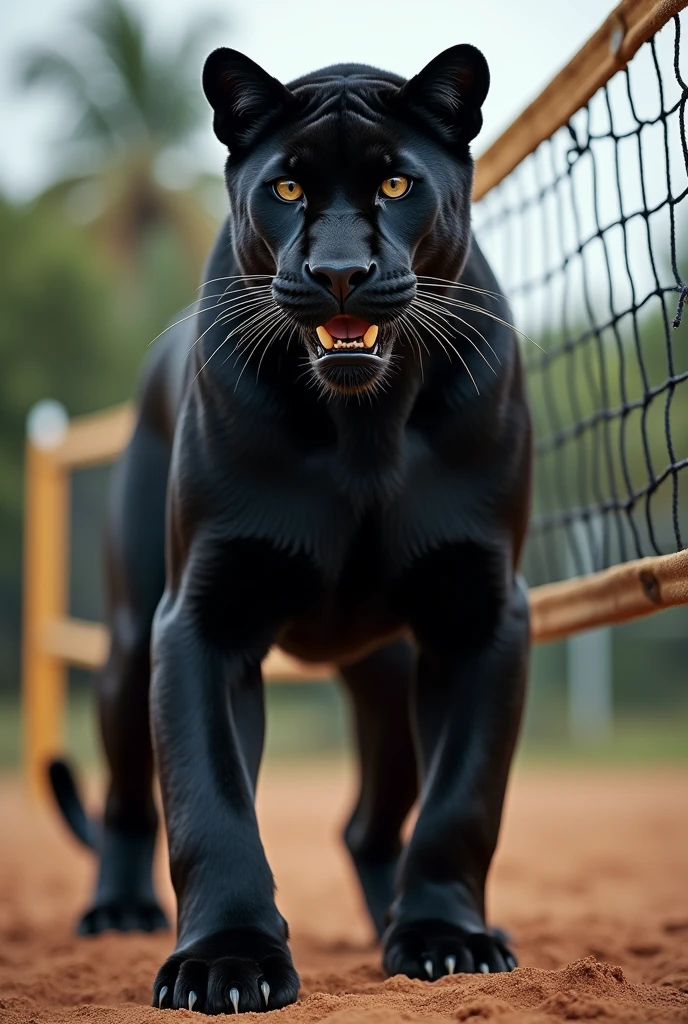 A panther and a volleyball net in the background
