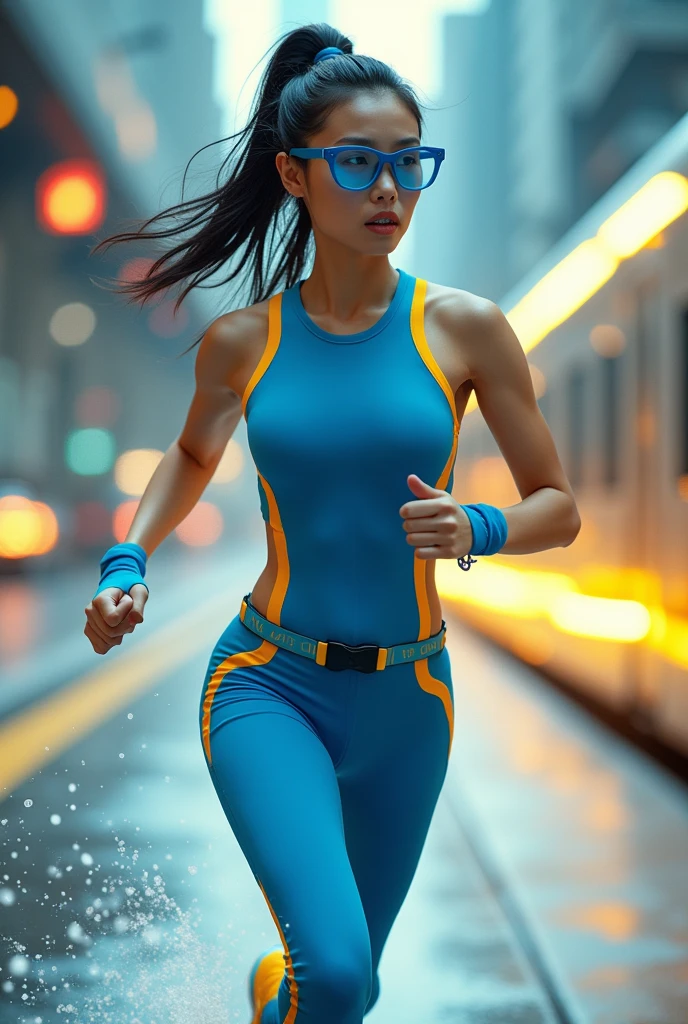 Chinese japan women average age wear jumpsuit high tech(( blue yellow)) ((age 50year old)). high tech belt. ))afternoon time((Running effect photography. flat chest.)) venus big busty milf body type (zoom effect photography)) Glowing yellow power.((wear jacket blue))short girl. Runfast effect.(( turtle neck dress)).. ((Wear blue big round glasses big frame)).running speed of light . latex suit. big tight.((flat chest breast)) running athlete.pontytail hair. Braces teeth.((running racing track )).Bokeh background. Panning effect. Yellow high tech watch. a beautiful young chinese women, , wearing a high-tech blue and yellow very tight jumpsuit.(( wear jacket bomber jacket blue yellow)), venus body type.. unning with style pose , girl want to fall. ,floating water pallet, photorealistic.(( fast train effect))detailed facial features,short hair, elegant pose, dynamic lighting. ((glowing body yellow lightning thundereffect)), 8k, award-winning digital art, intricate details, vibrant colors, cinematic composition. very fast run, highly detailed.(( star light trail effect photography)). speed of light. froze time effect. at the city.run water . spashing water. the girl run fast on wet road. background speed of light((.knee cover shield )) yellow blue nike shoes sneaker running ..