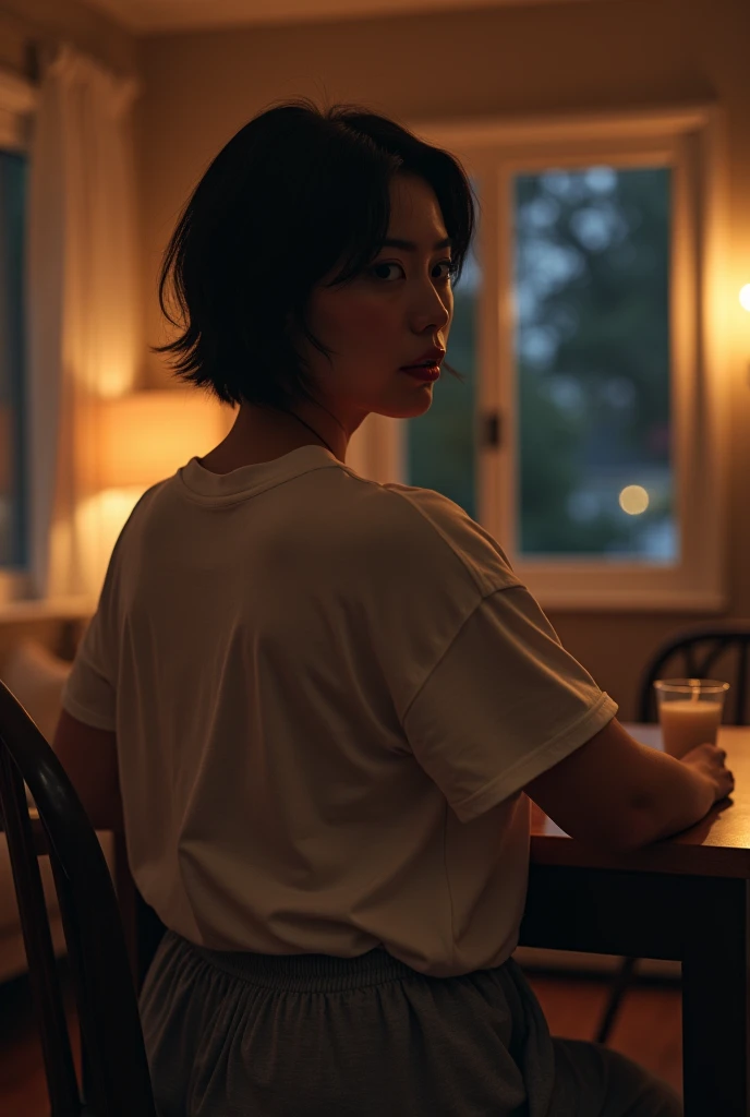 ((living room)),night(Best Quality,8K,Raw photo,Realistic,High resolution:1.2),(erotic curvy japanese milf)(gigantic huge breasts),(),oily skin,(oversized t-shirt),grey sweat pants,look horny,),((embarrassed erotically)),(((be shy erotically))),upper body ,(tight fit),,(((moans sexy)),smile,short hair,(taken from behind),looking back ,(back close-up),sit on chair ,table
