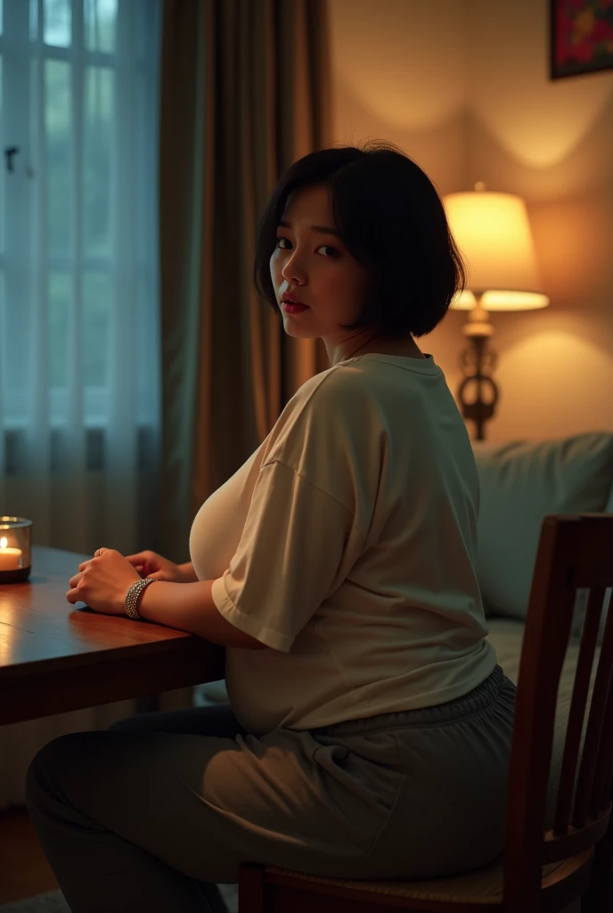 ((living room)),night（Best Quality,8K,Raw photo,Realistic,High resolution:1.2),(erotic curvy japanese milf）(gigantic huge breasts),(),oily skin,(oversized t-shirt),grey sweat pants,look horny,),((embarrassed erotically)),(((be shy erotically))),upper body ,(tight fit),,(((moans sexy)),smile,short hair,(taken from behind),looking back ,(back close-up),sit on chair ,table
