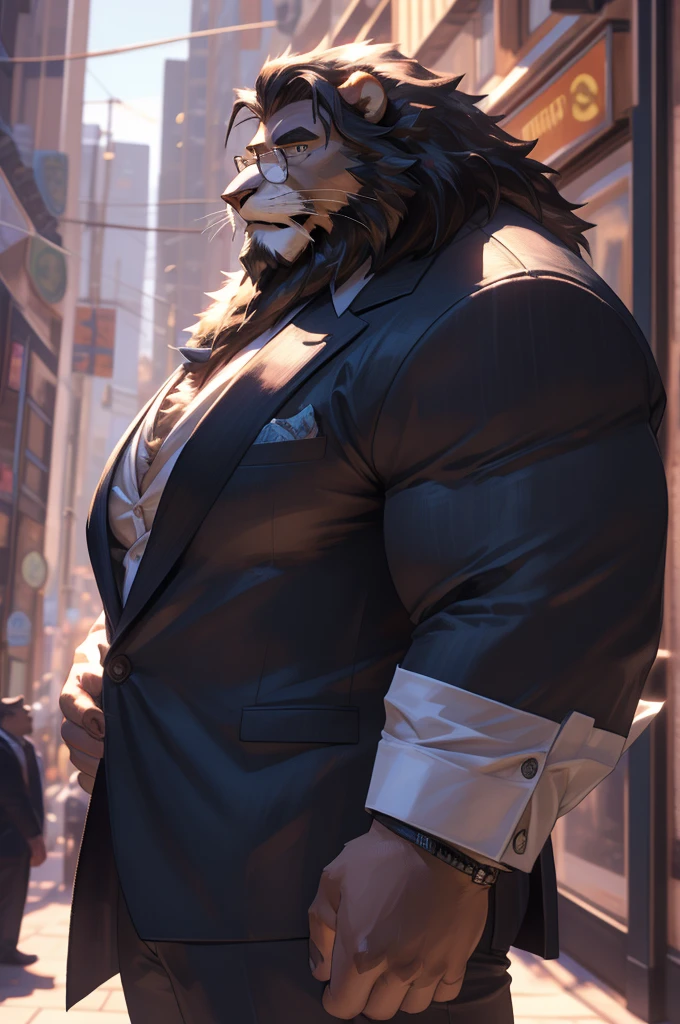 1boy, 1man, solo,  (furry lion), (face, detailed face, bearded, white beard, thick mustache), (glasses), city, extremely huge muscular, massive muscular , sixpack , (suits), well-muscled old man. ((extremely muscle size, super thick arms, huge pec, hyper pec, bigger chest, extremely wide pectoral , huge arms)), wide smiling. Add textures and details to make the image more realistic, such as the appearance of the. Make sure the resulting image is high resolution, 8K quality