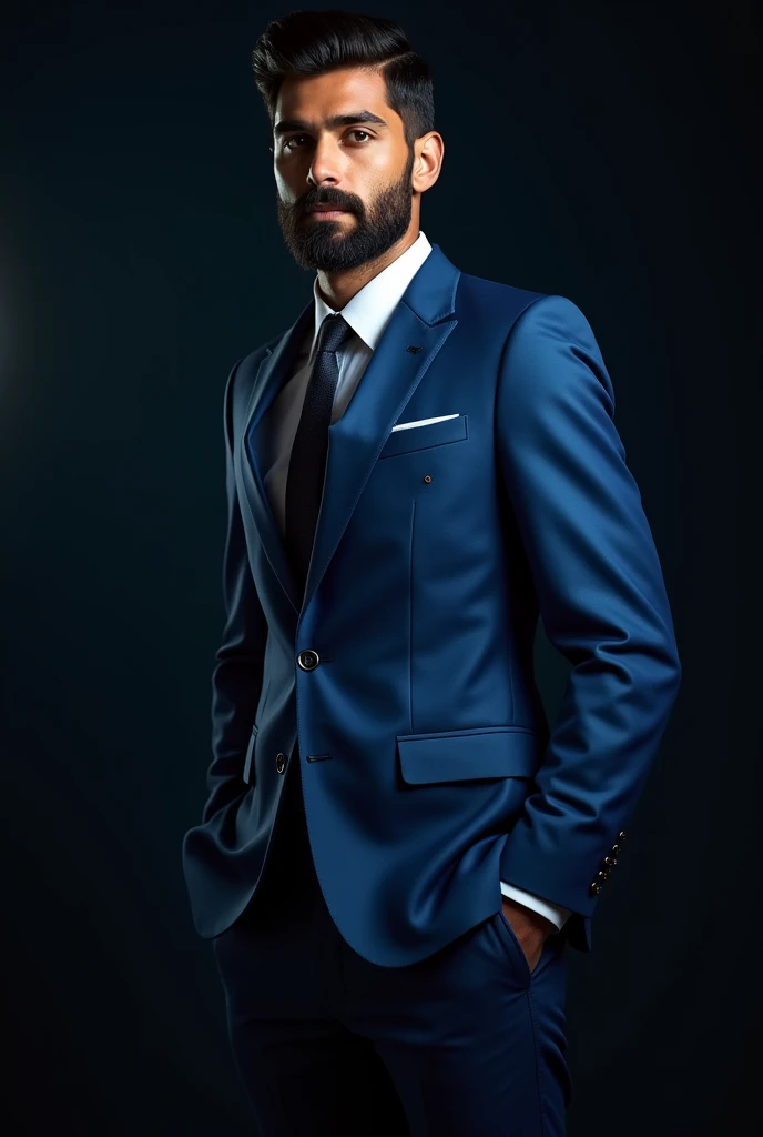 A young standing man with a black beard,wearing blue suit,black tine dots on the suit,a white shirt and Black tie,Background a lighting