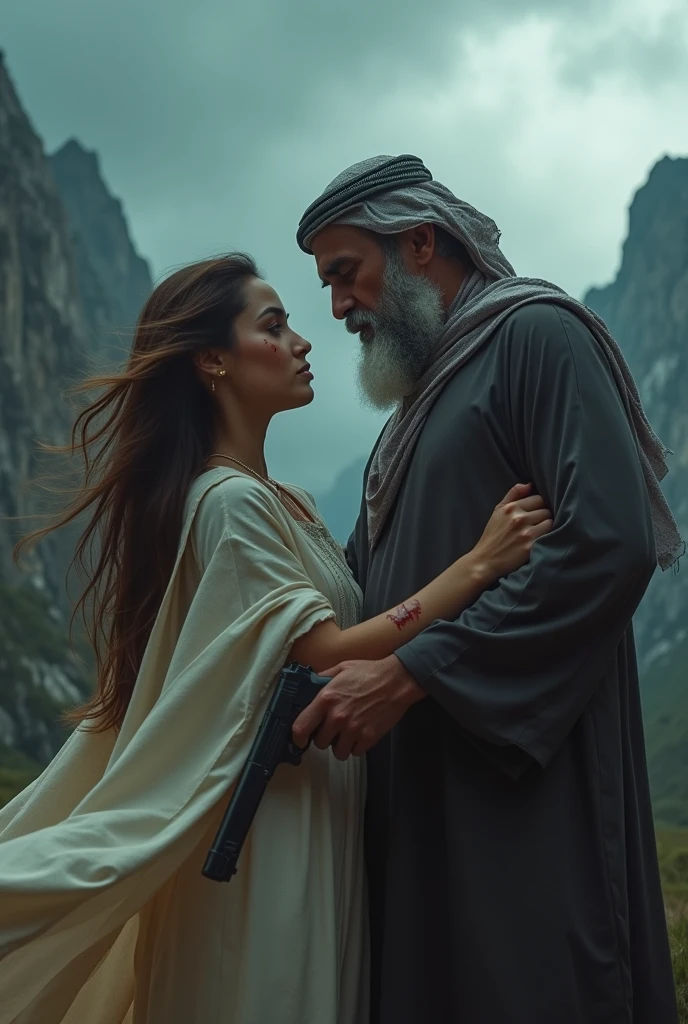 A woman with long brown hair, honey-colored eyes, a mole on her cheek, wearing an abaya in a rainy dark weather on top of the mountains, holding a gun in her hand, and in front of her is her ex-husband with white hair and a thick beard, wearing a Saudi thobe,shooting his arm and crying.