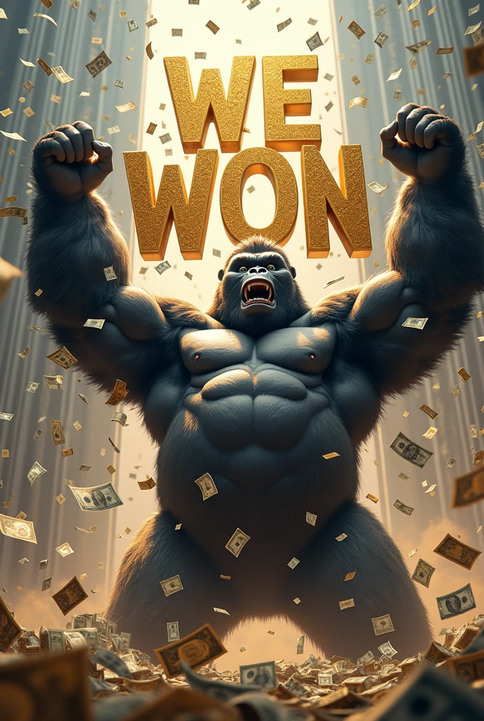 Word image "WE WON" VERY BIG, AND IN THE BACKGROUND A gorilla King Kong celebrating with lots of money. In the image you must say the word "WE WON"