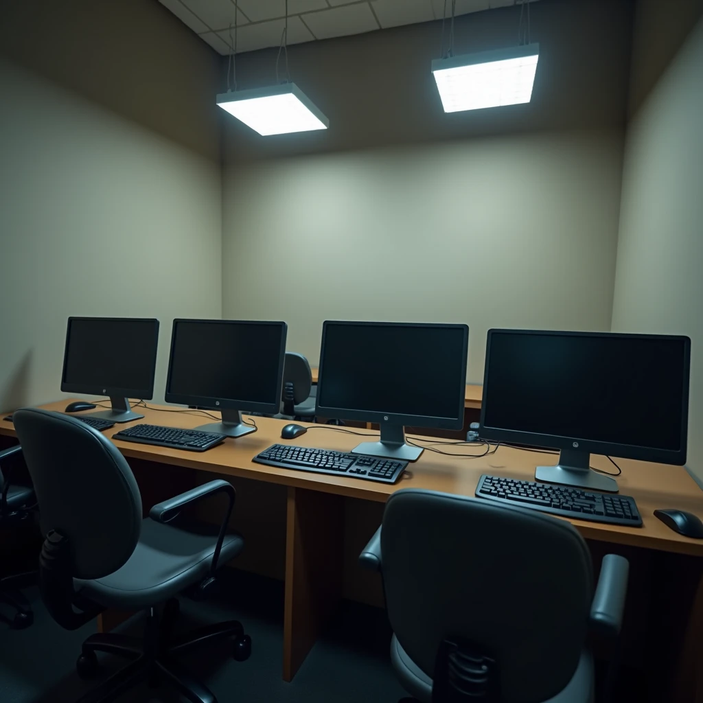empty computer training class 5 computers are there. small classroom, windows computers, moderate classroom interior no window only wall and tube light, 5 computers are in the classroom.