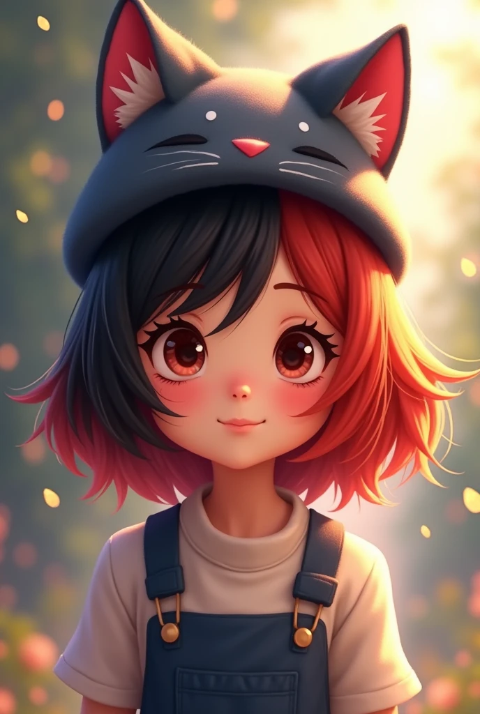 Girl with medium red and black hair, that has a hat in the shape of a cat animation.