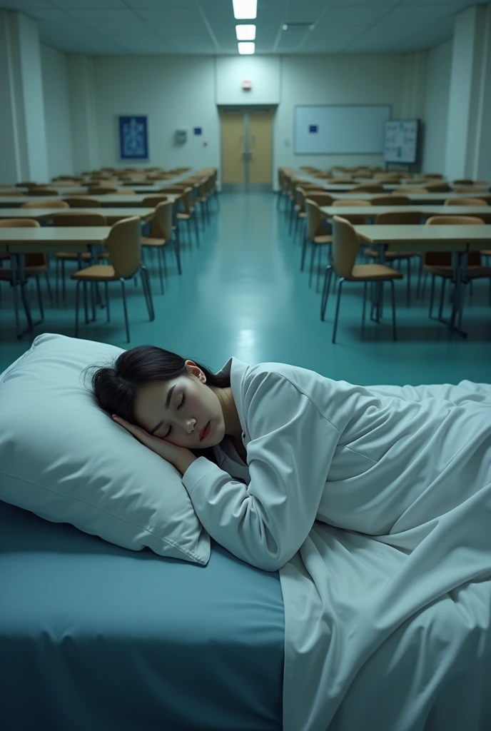 A female doctor sleeping on a bed in a hospital seminar room 
The room is quite big, the atmosphere is a bit dark